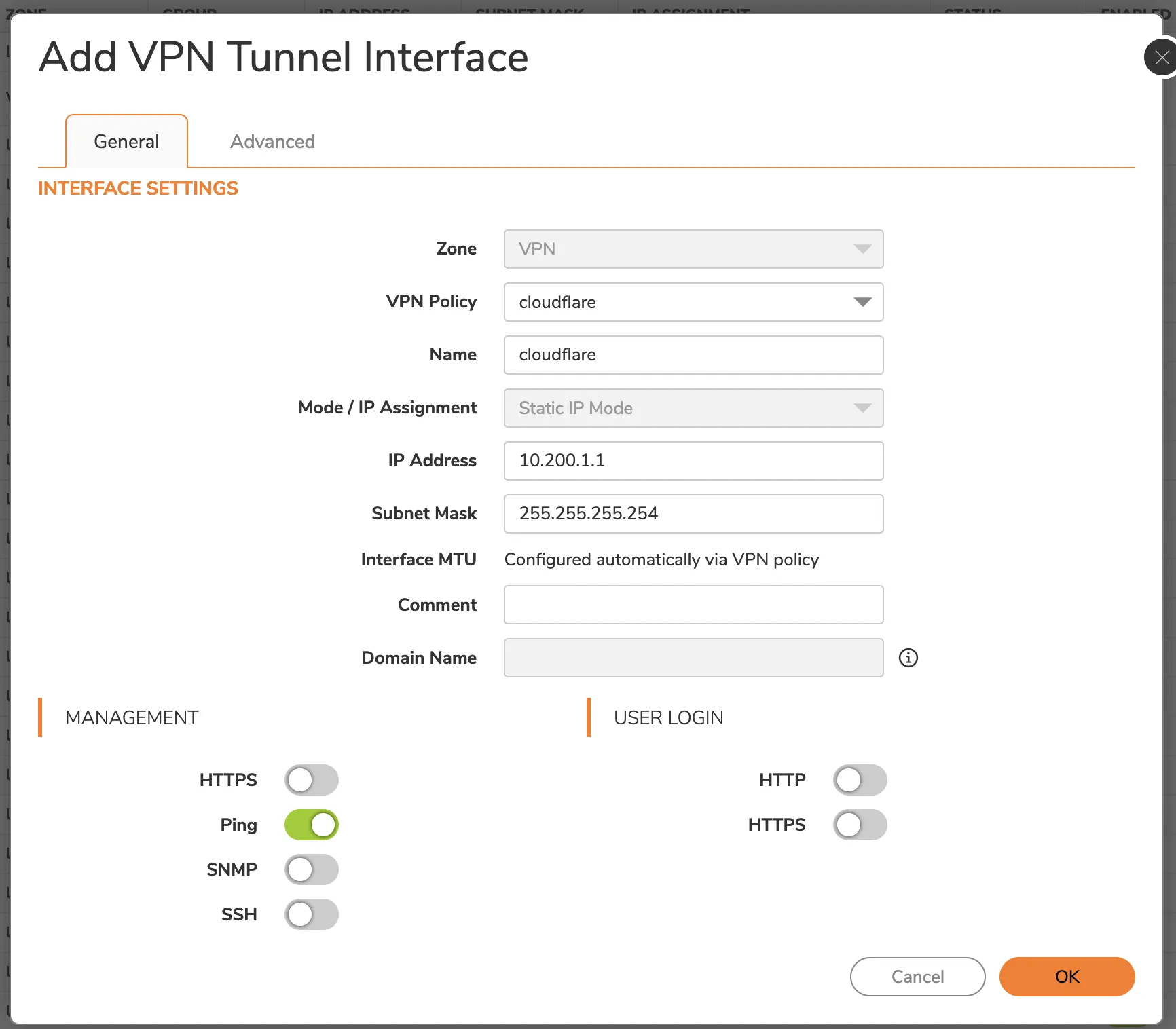 启用 ping，以便接口可被 ping 用于调试和 Cloudflare WAN 健康检查