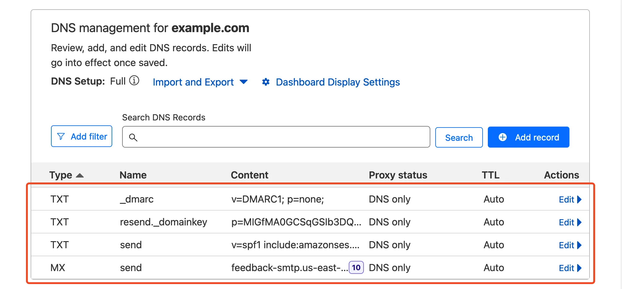 向 Cloudflare 域名添加 DNS 记录的示意图