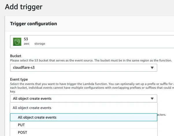 带有 AWS S3 Trigger 示例的添加触发器对话框