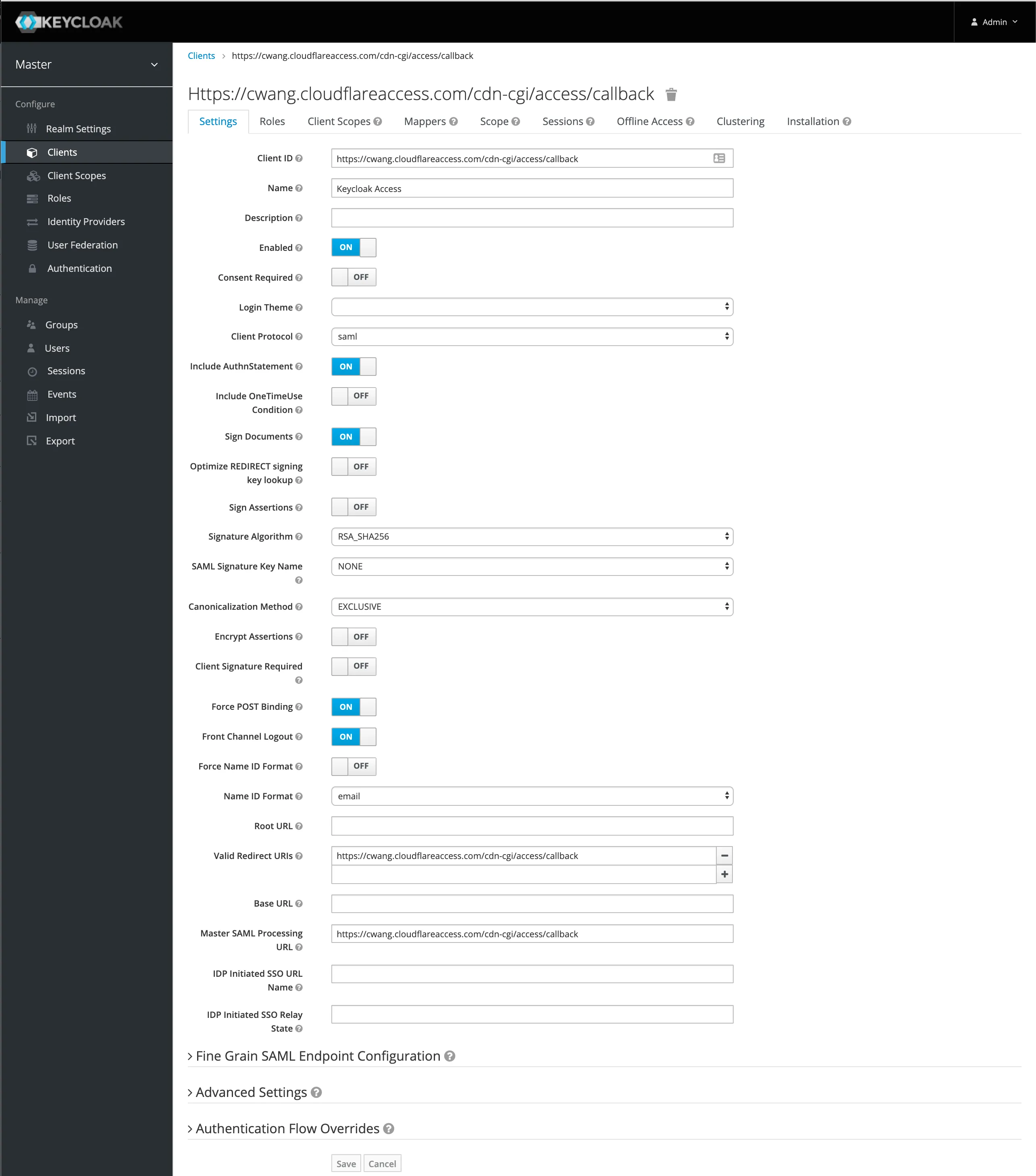 Client ID 中包含团队域名和回调的 SAML Client 界面