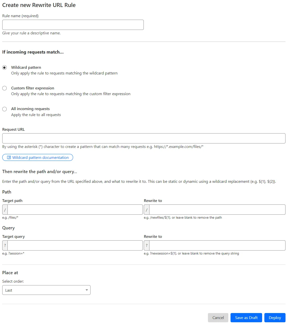 Cloudflare 仪表板中的 URL rewrite rule 创建页面。