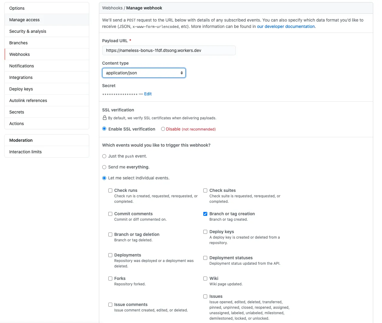 在 GitHub webhook 设置仪表板中设置 webhook 的说明示意图