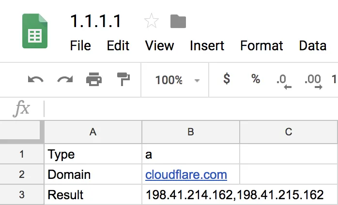 显示 DNS 查找结果的 Google Sheets 单元格