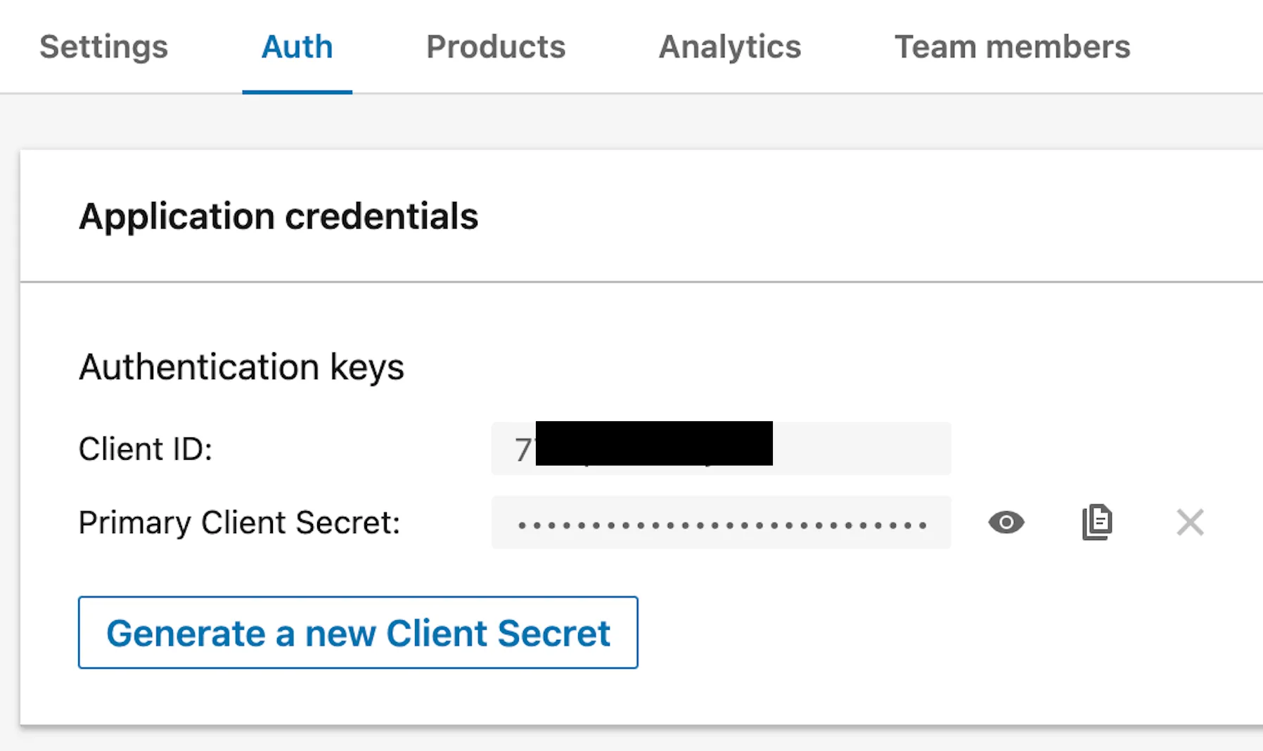 LinkedIn 账户设置，您将在此复制 Client ID 和 Client Secret