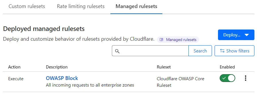 Managed rulesets(托管规则集)选项卡中的 WAF Managed Rules 配置示例。