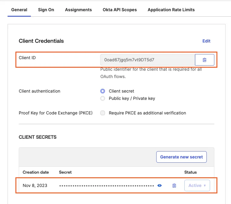 在 Okta 中查找 Client credentials