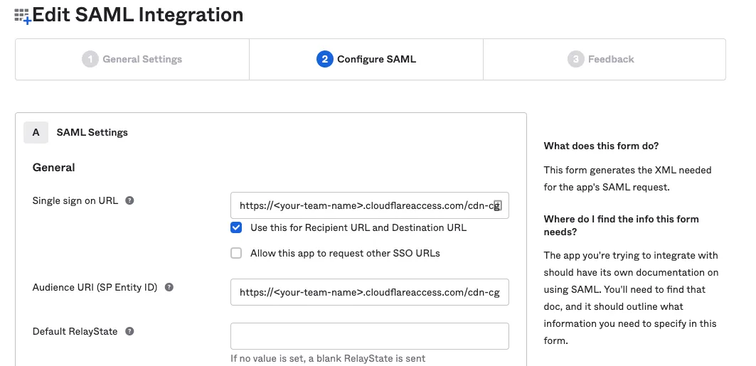 将 Cloudflare One callback URL 输入到 Okta