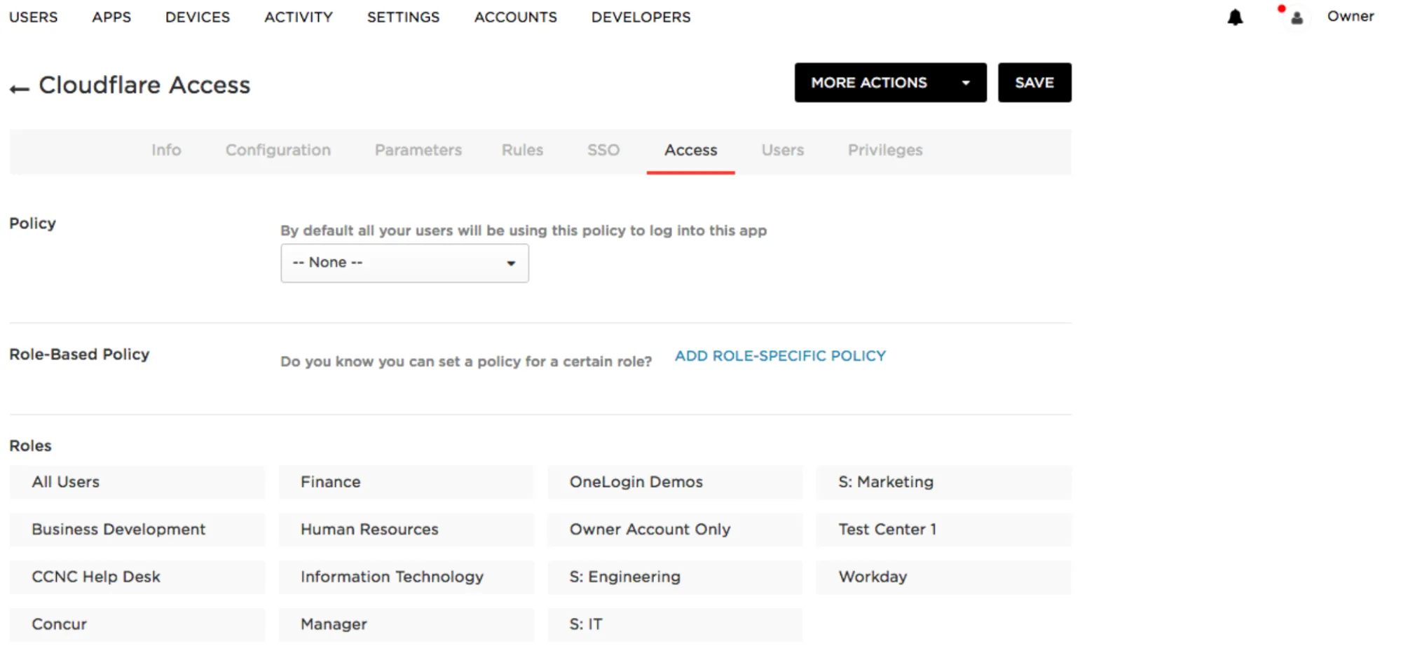 列出可用 Roles 的 OneLogin SAML 应用 Access 界面