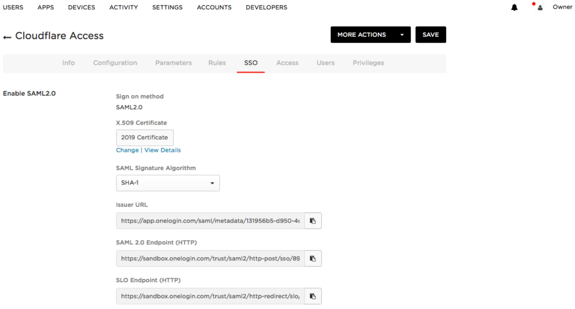 OneLogin SAML 应用 SSO 界面，显示 SAML2.0 登录方法、Issuer URL 和 X.509 Certificate