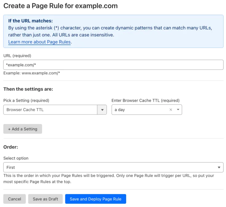 带有 'Browser Cache TTL' 设置的示例 Page Rule