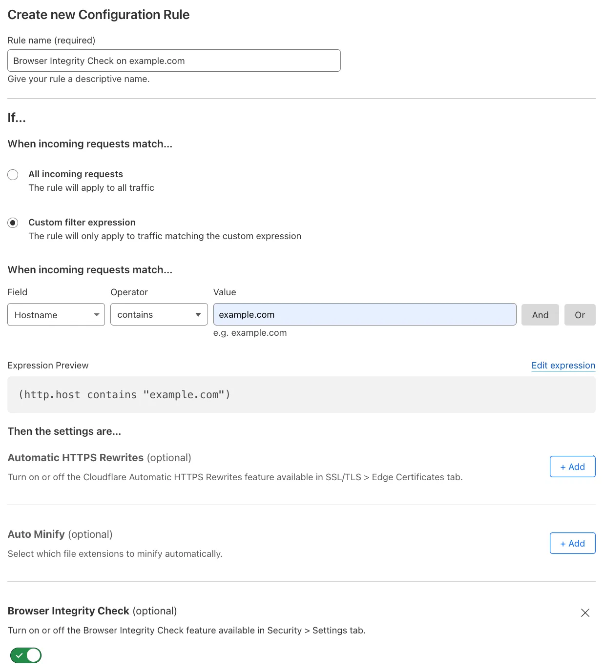 与示例 Page Rule 的 'Browser Integrity Check' 设置相匹配的配置规则