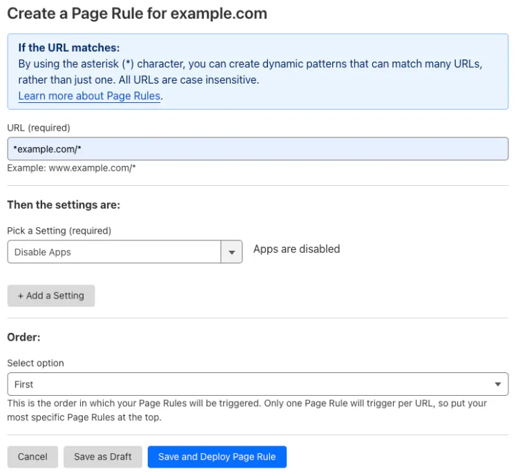 带有 'Disable Apps' 设置的示例 Page Rule