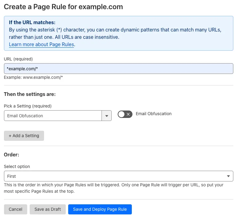 带有 'Email Obfuscation' 设置的示例 Page Rule