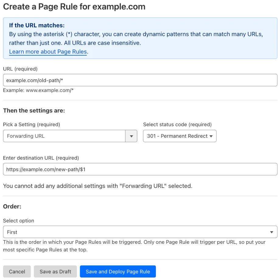 带有 'Forwarding URL' 设置的示例 Page Rule #2