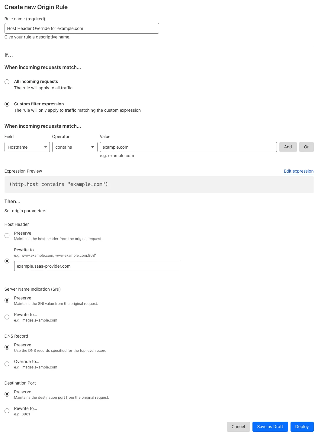 与示例 Page Rule 的 'Host Header Override' 设置相匹配的源站规则