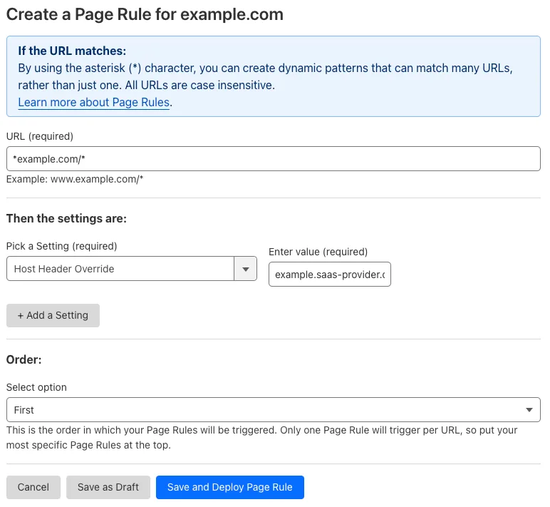 带有 'Host Header Override' 设置的示例 Page Rule