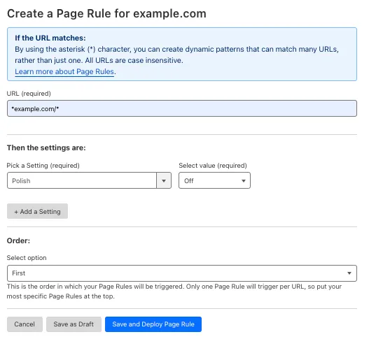 带有 'Polish' 设置的示例 Page Rule