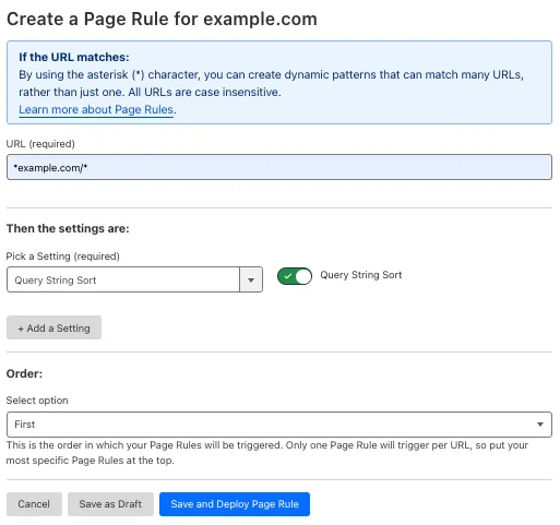 带有 'Query String Sort' 设置的示例 Page Rule