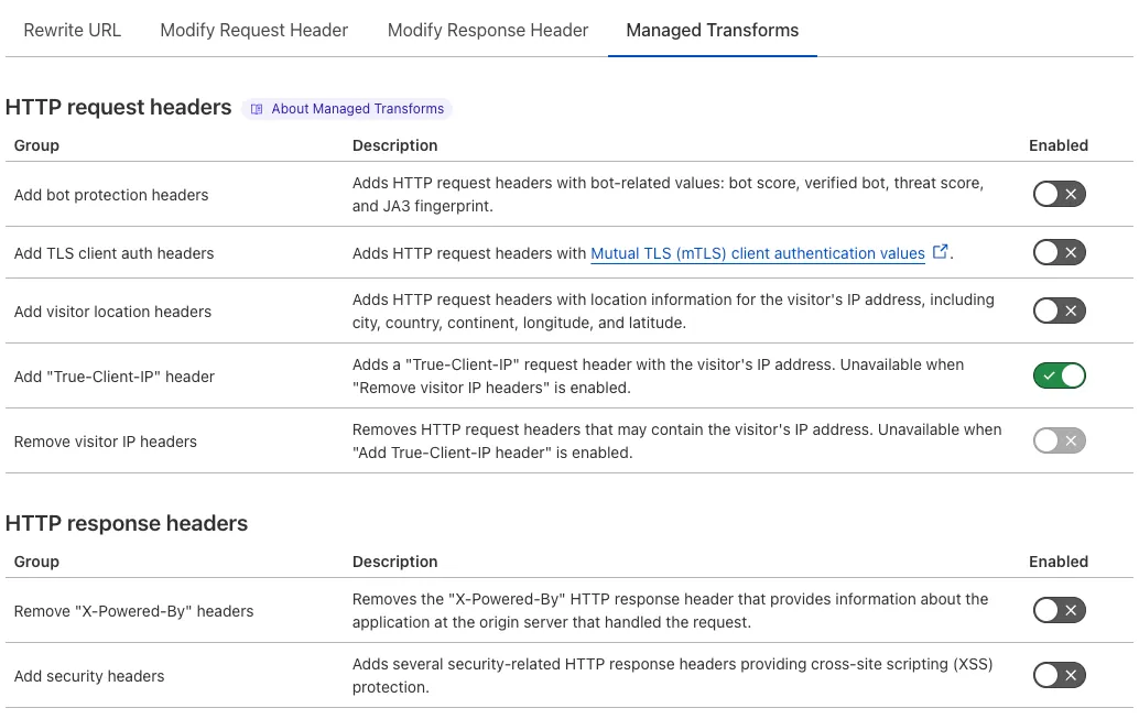 与示例 Page Rule 的 'True Client IP Header' 设置相匹配的 'Add "True-Client-IP" header' Managed Transform
