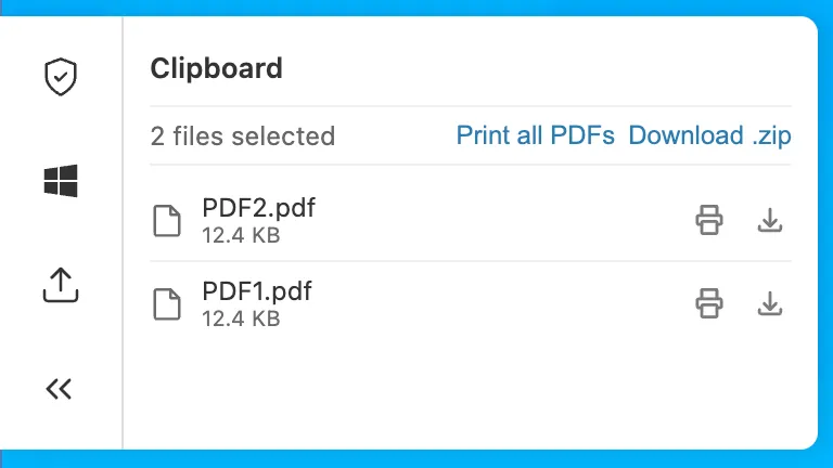 剪贴板面板显示针对多个选定 PDF 文件的 Print all PDFs 选项。