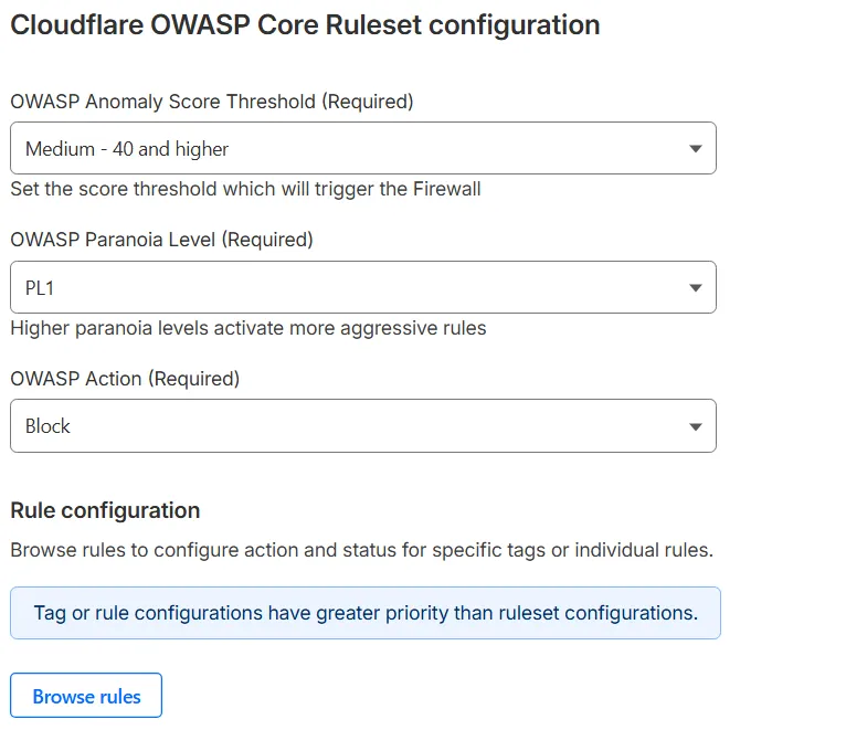 配置部署页面,显示用于覆盖 OWASP Core Ruleset 中所有规则的可用选项:OWASP Anomaly Score Threshold、OWASP Paranoia Level 和 OWASP Action。