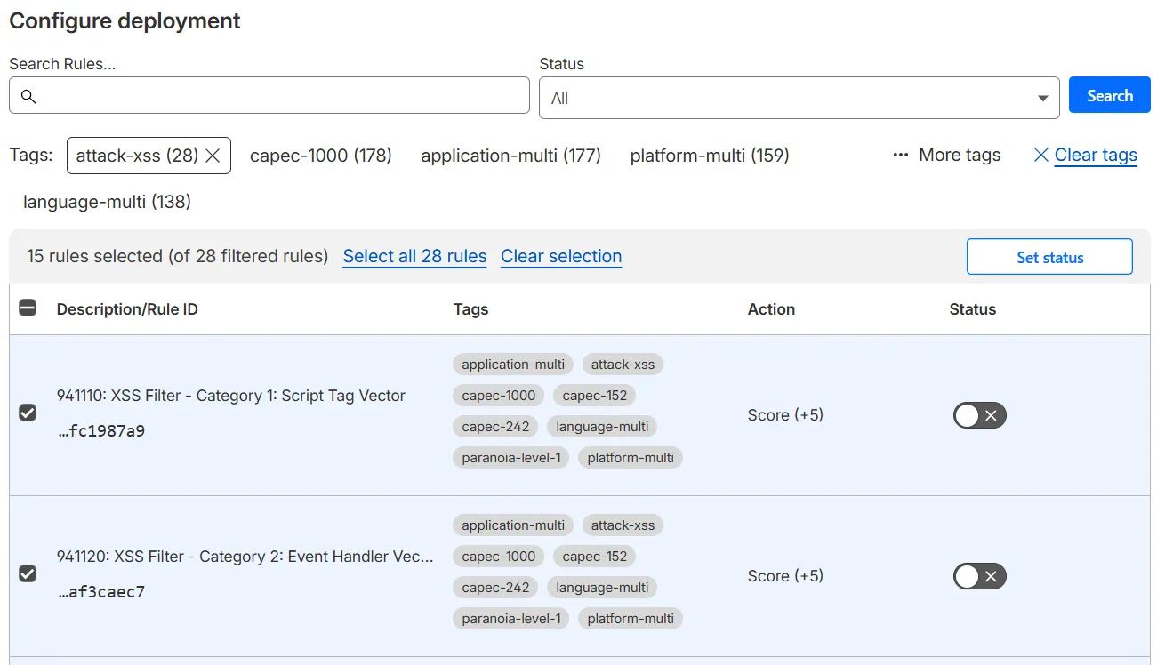 “配置部署”页面,显示 Cloudflare OWASP 核心规则集中带有 'attack-xss' 标签的选中规则。