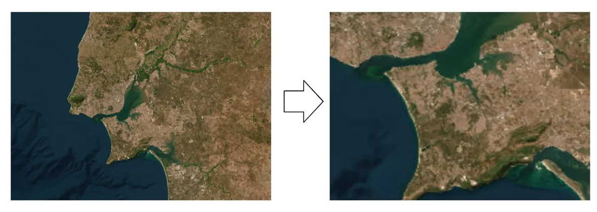 左侧图像显示来自 OpenStreetMap 的卫星视图。右侧是同一图像的放大版本。在这两张图像中，每个像素代表相同的区域；但右侧图像的像素少得多。
