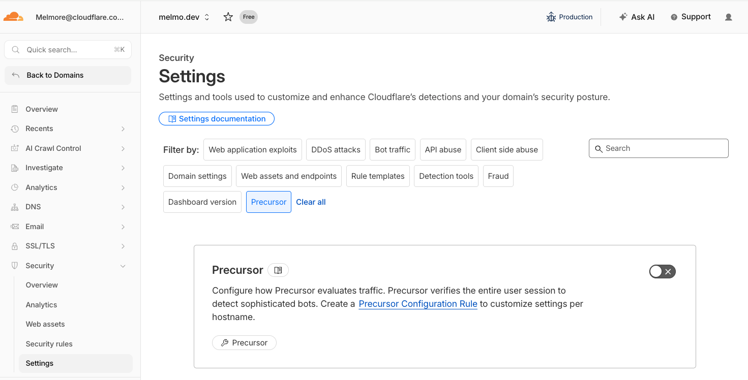 Cloudflare 仪表板中的安全性设置页面，显示带有开/关切换按钮的 Precursor 卡片